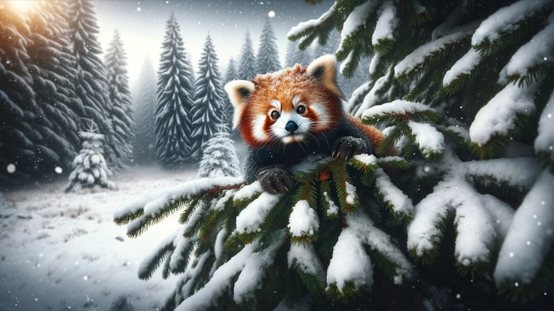 Red-panda-playfully-peeking-from-the-top-branches-of-a-snow-covered-fir-tree レッドパンダとは？　由来、立つ理由、スカンクとの関係まで　全豆知識